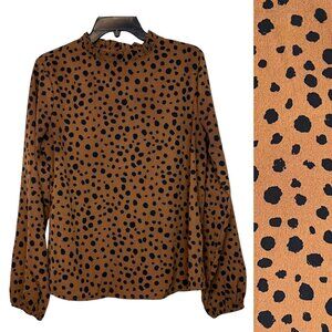 SHEIN Blouse L Brown Black Animal Print Ruffle Mockneck Long Sleeve Top Sz Large